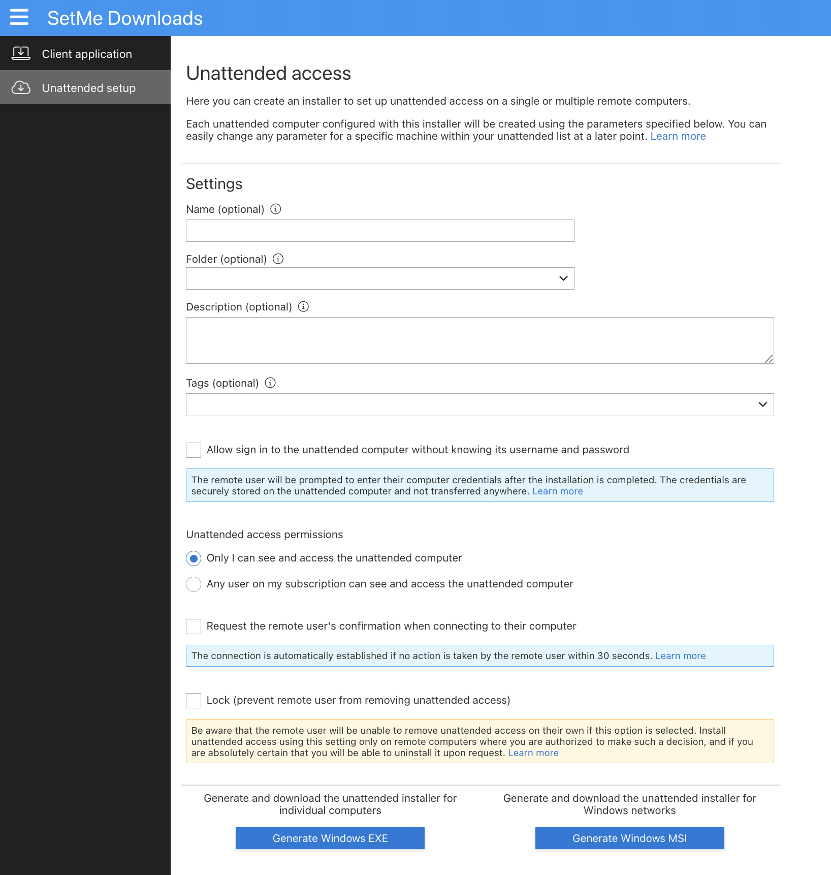 Configure unattended access installer - SetMe Help Center